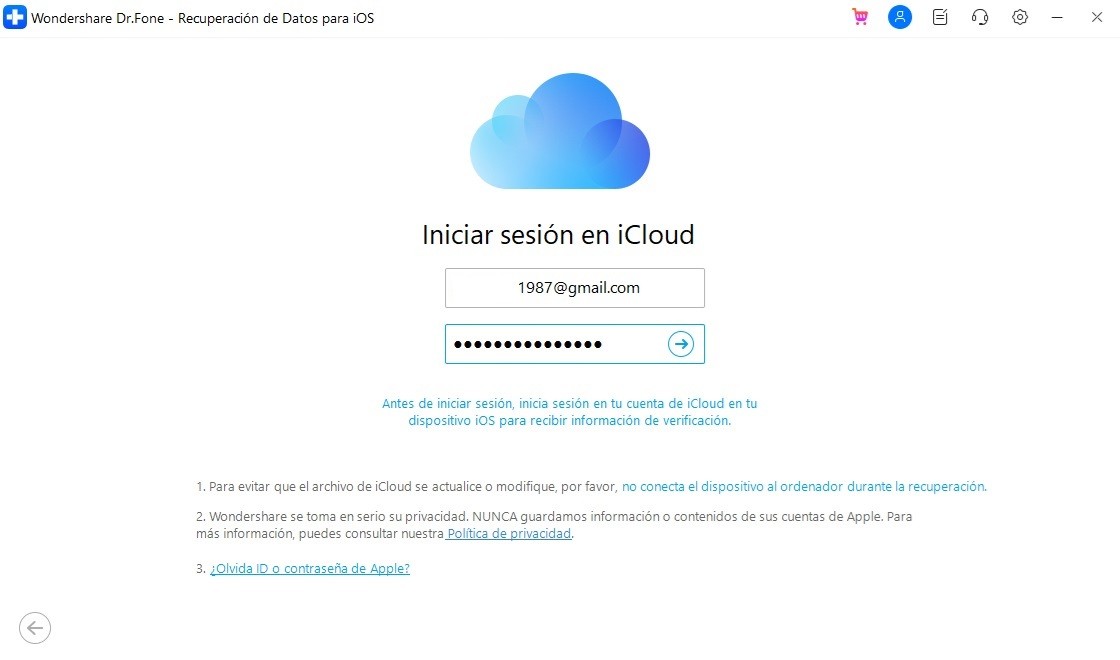 ingresar cuenta y contraseña de icloud