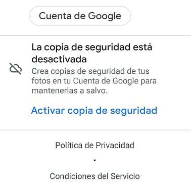 activar copia de seguridad en Google Fotos para transferir fotos