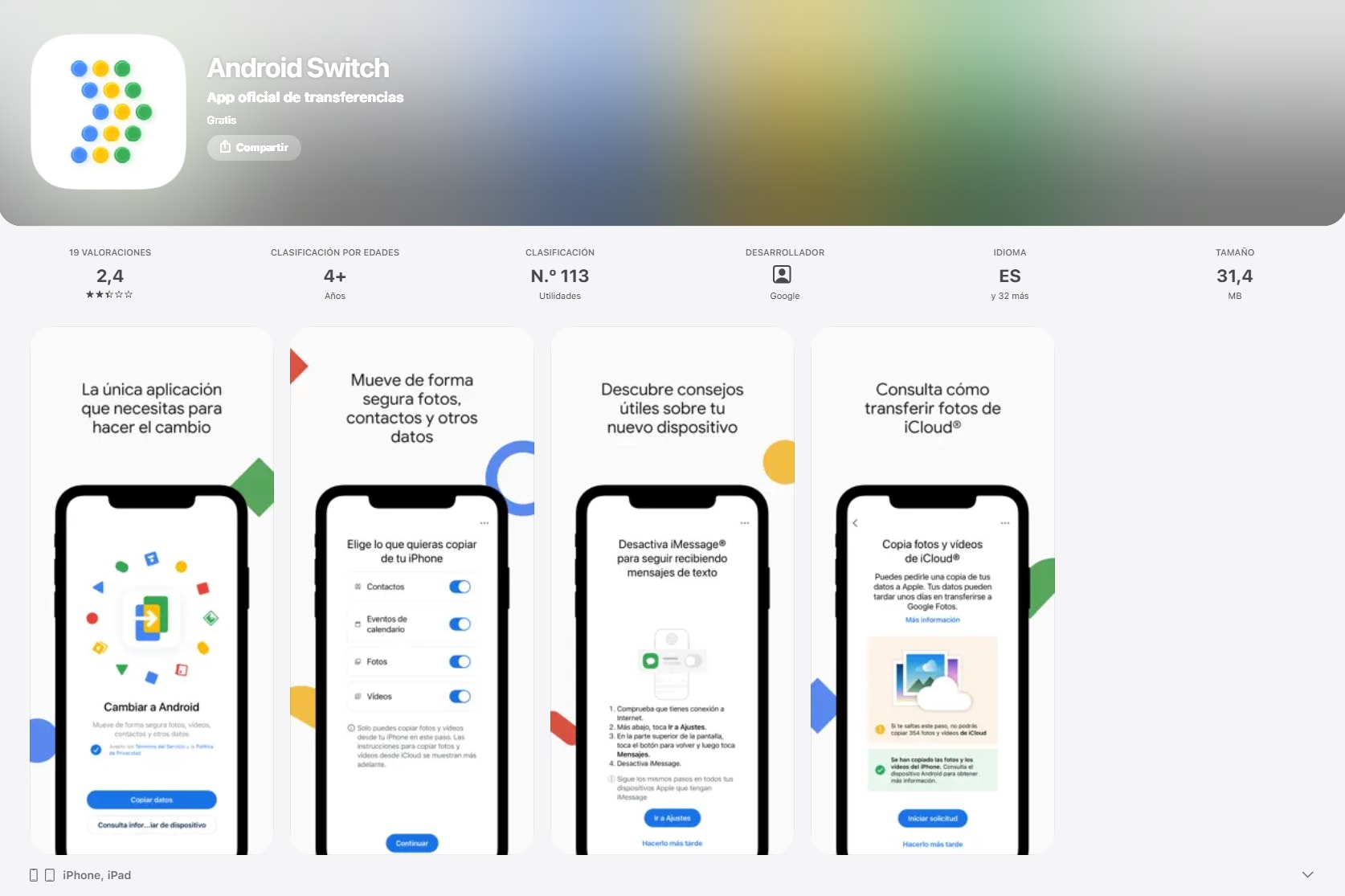 pasar datos de iPhone a Android con Android Switch