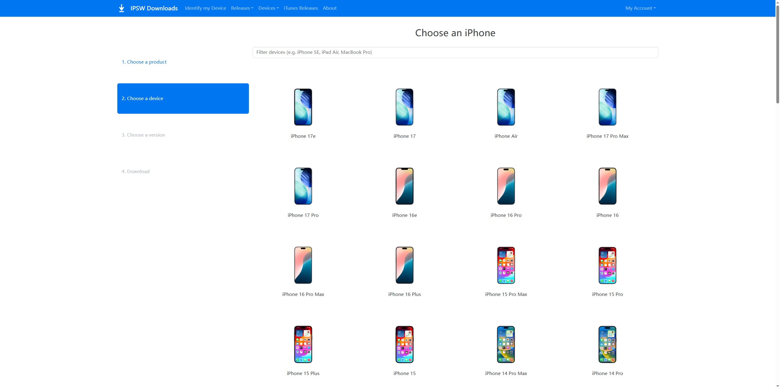 Elegir el modelo de iPhone para descargar el firmware IPSW correcto