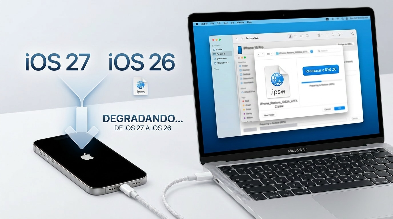 Hacer downgrade de iOS 27 a iOS 26 con un archivo IPSW en Finder o iTunes