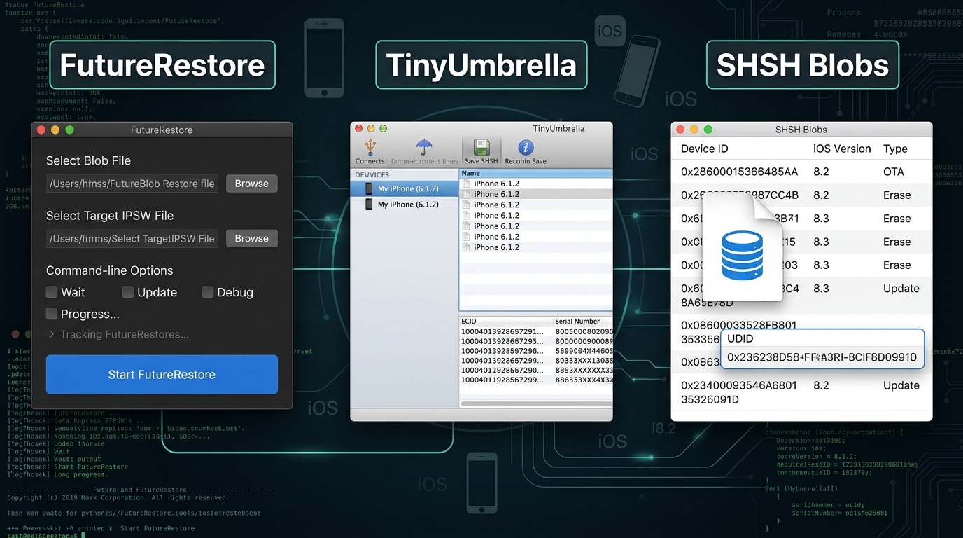 Herramientas avanzadas para downgrade de iOS con SHSH blobs, FutureRestore y TinyUmbrella