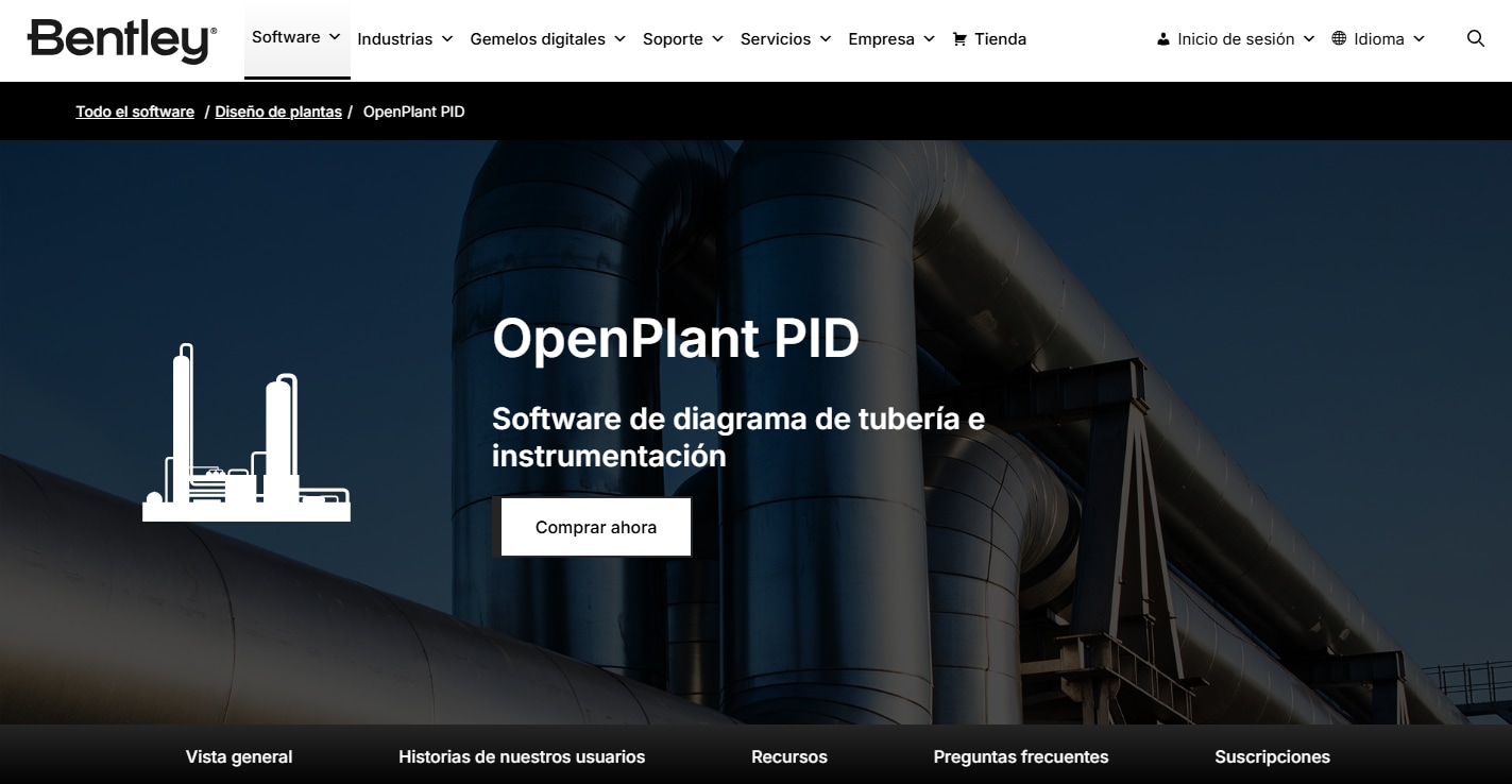interfaz de Bentley OpenPlant PID para crear diagramas de tuberías e instrumentación