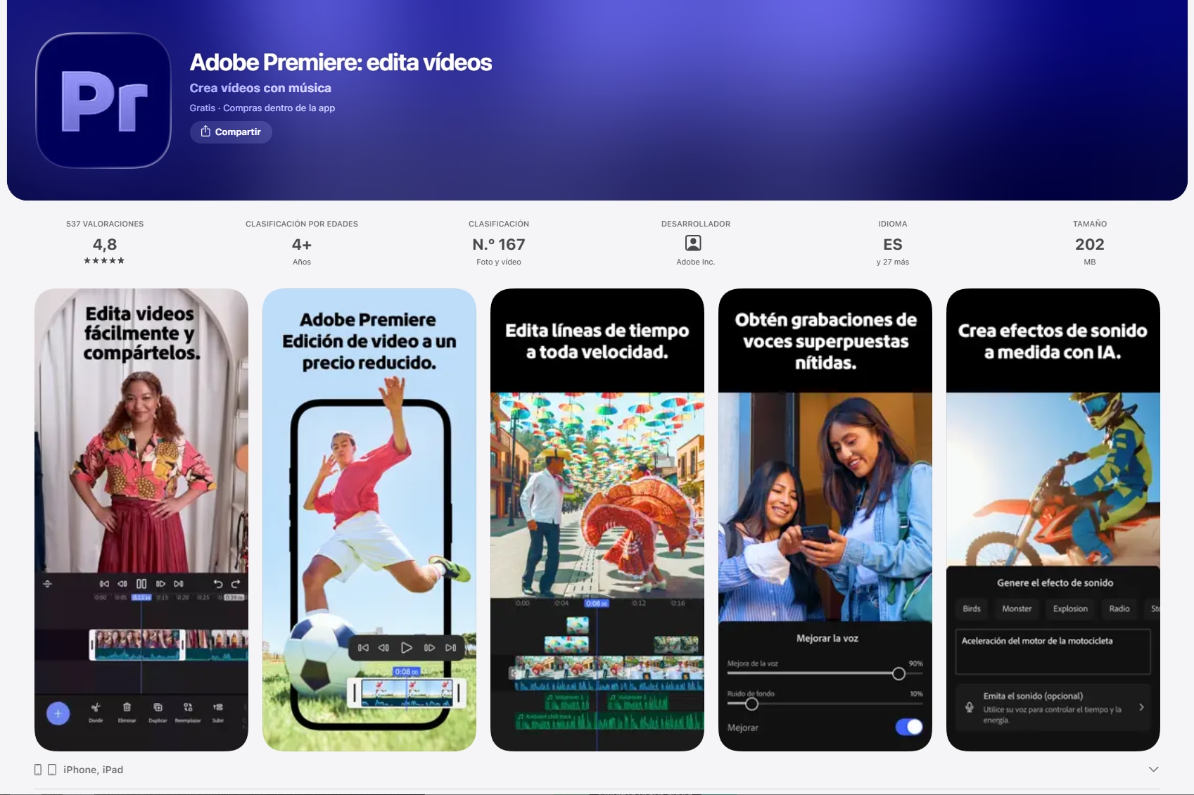 Adobe Premiere para iPhone: edición multipista y exportación en 4K