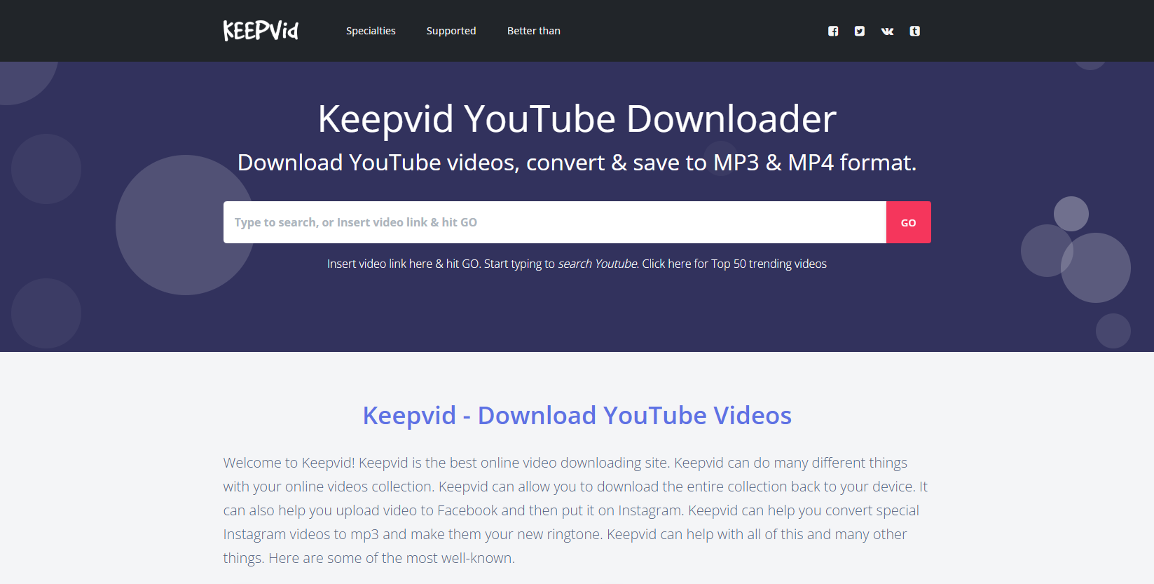 Interfaz de KeepVid con opciones de video y audio