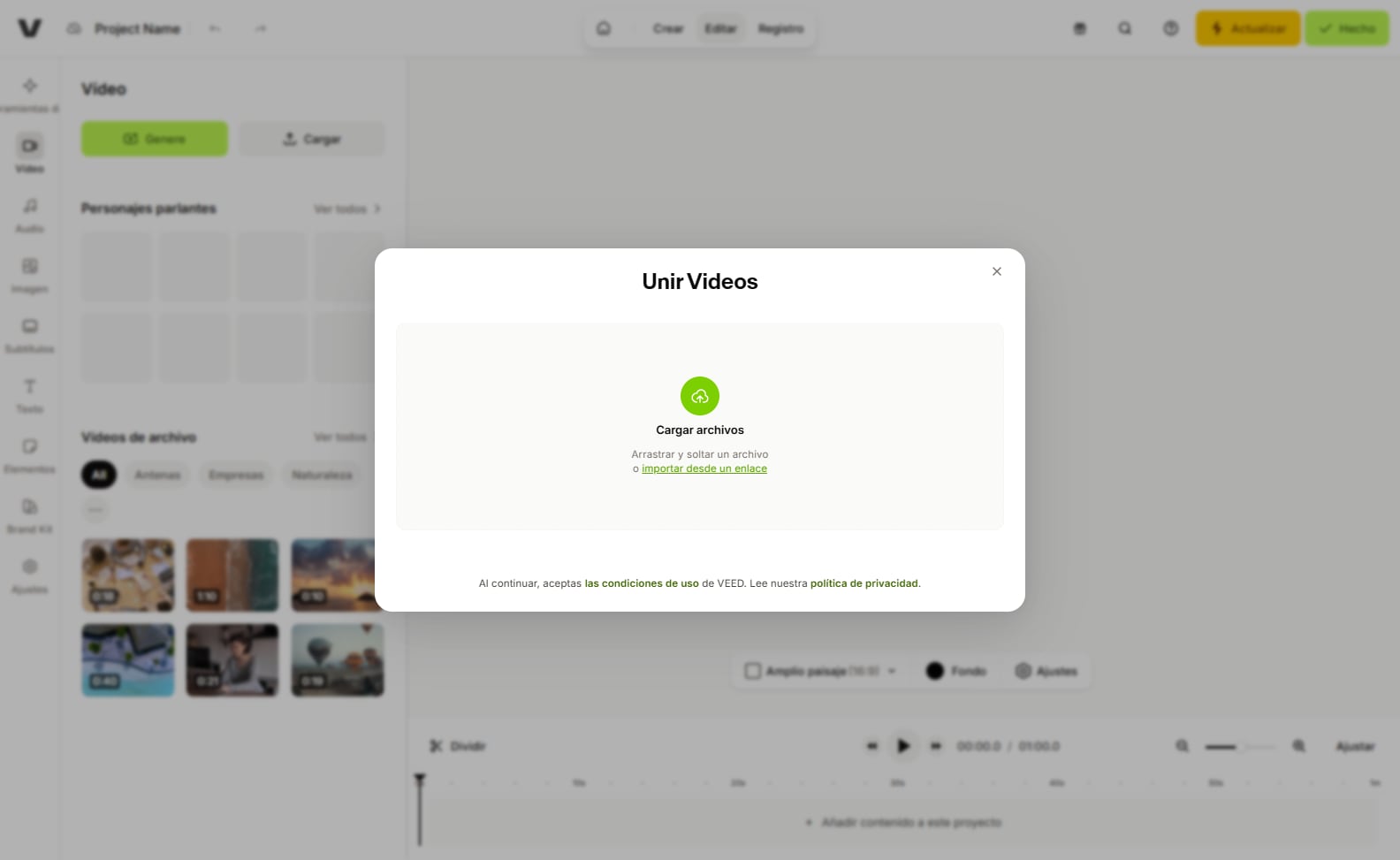 VEED: unir videos online con subtítulos automáticos