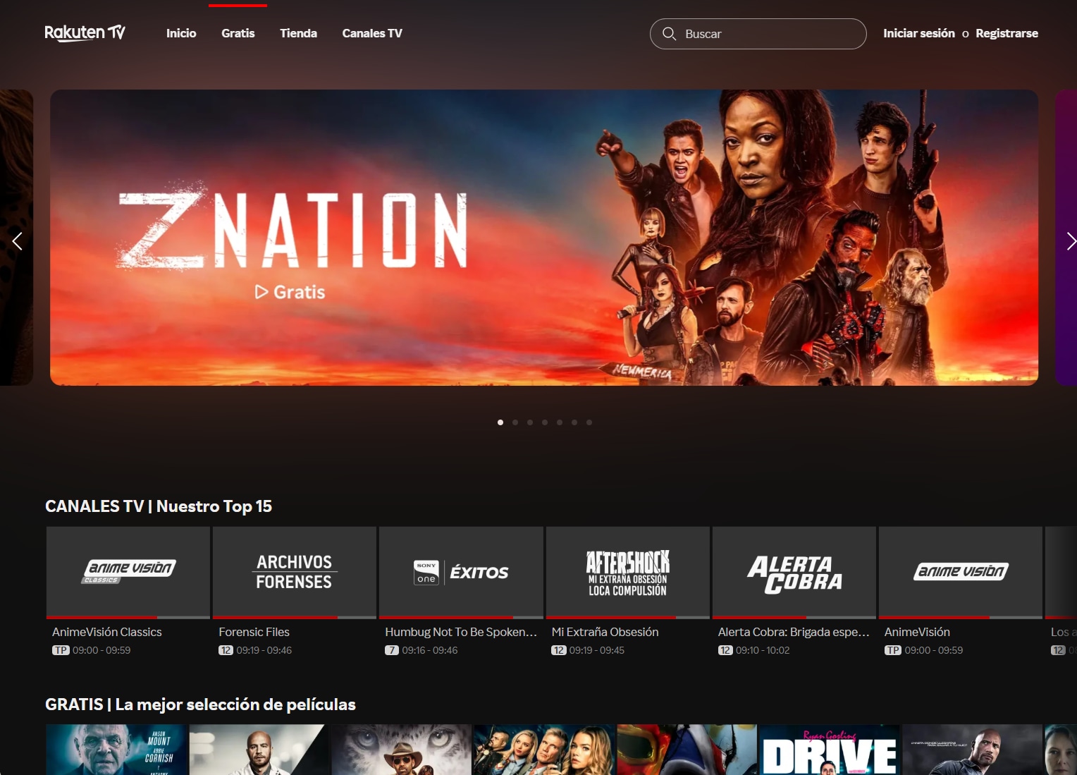 Captura de pantalla de Rakuten TV en su sección gratuita