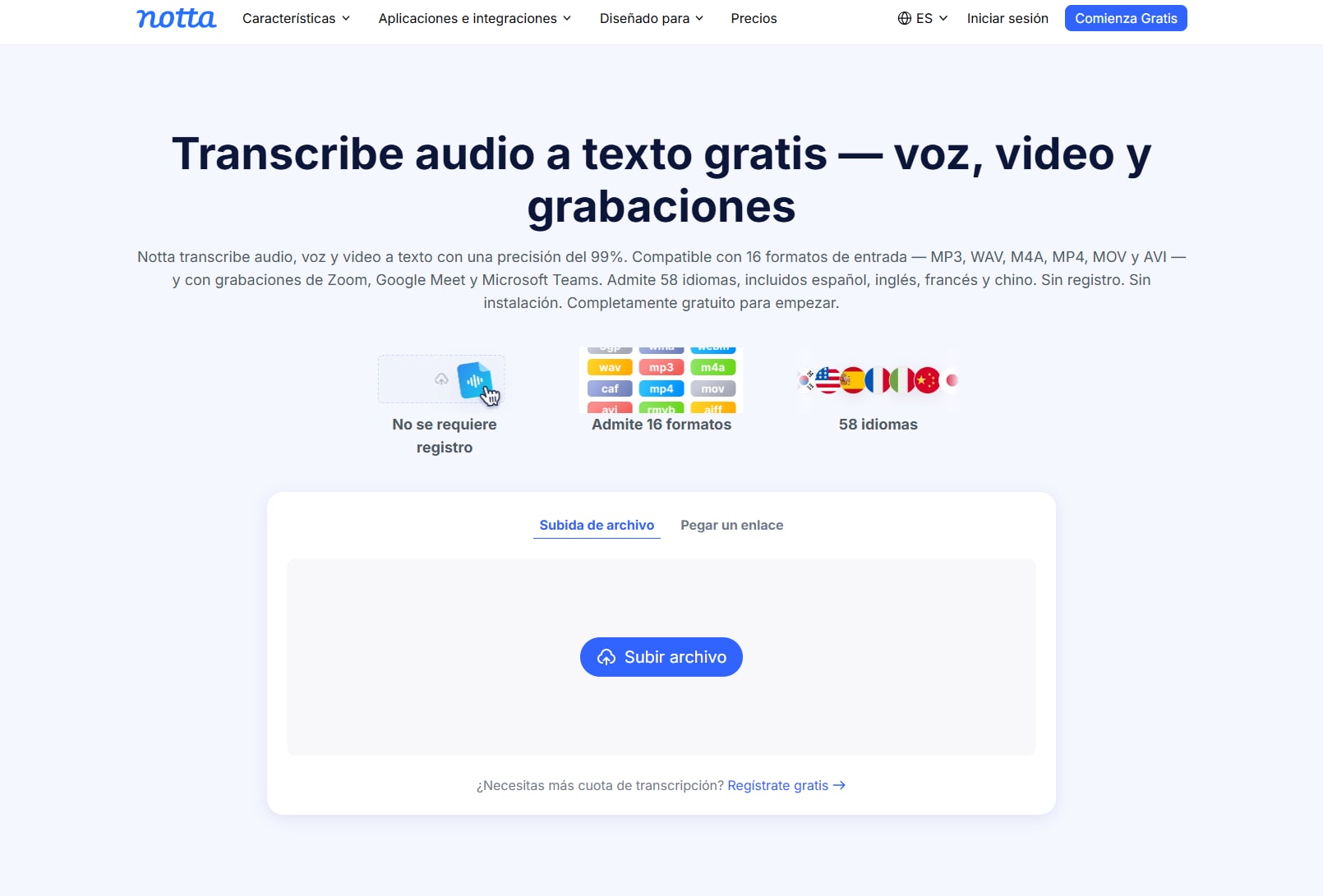 Notta: para reuniones y archivos cortos en varios idiomas