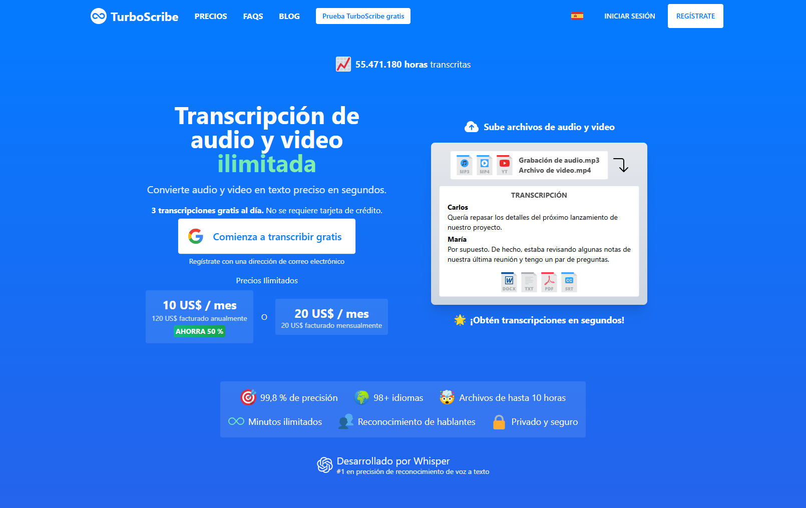 TurboScribe: para transcribir archivos largos con una cuota diaria gratuita