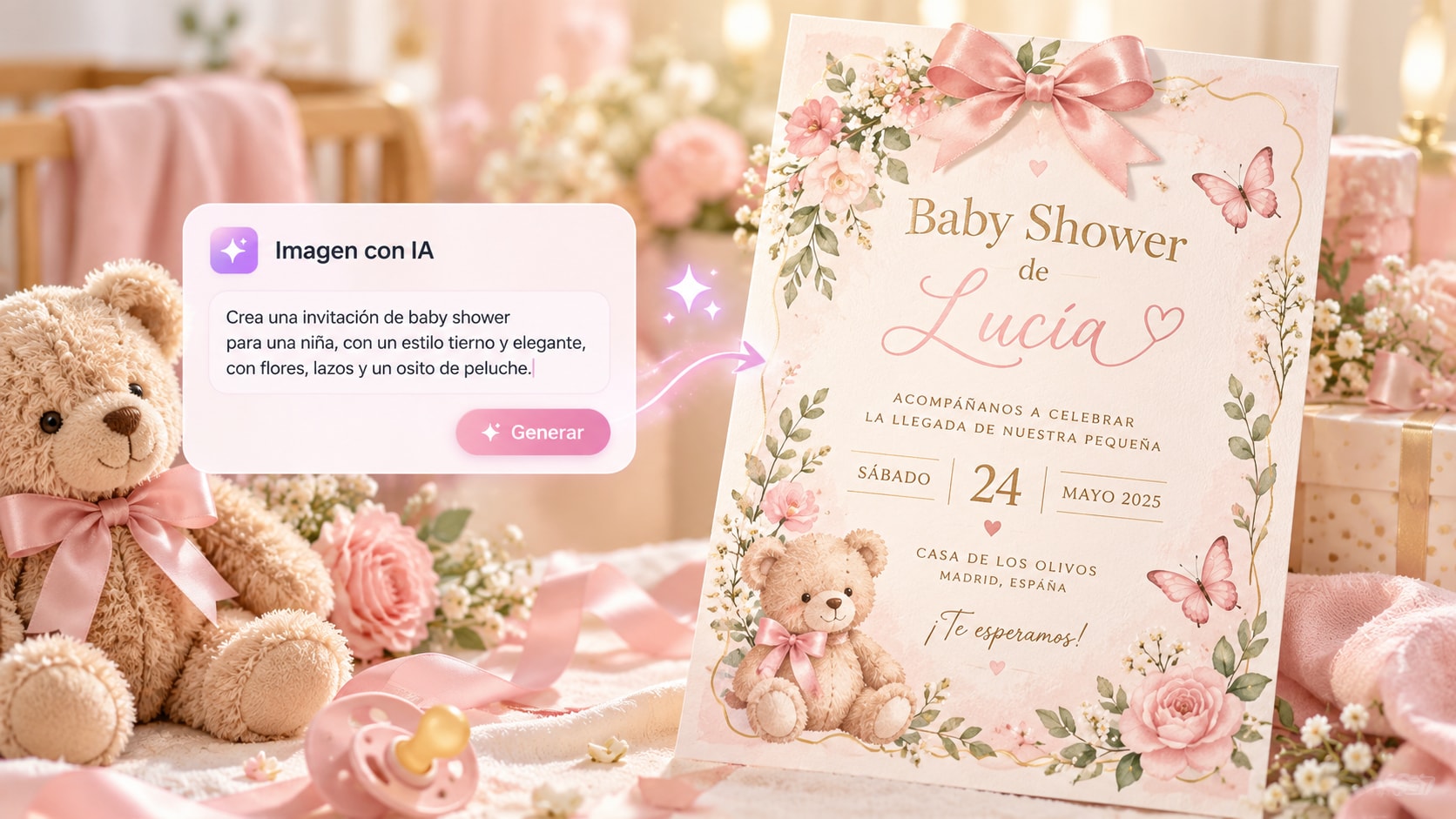 interfaz de Filmora generando una invitación de baby shower de niña con IA