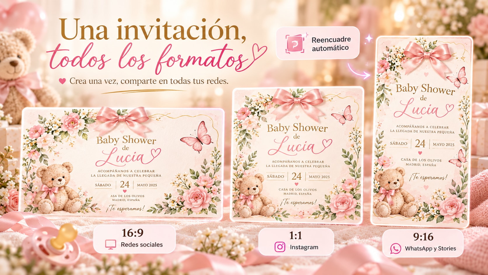 interfaz de Filmora editando el texto de una invitación de baby shower de niña