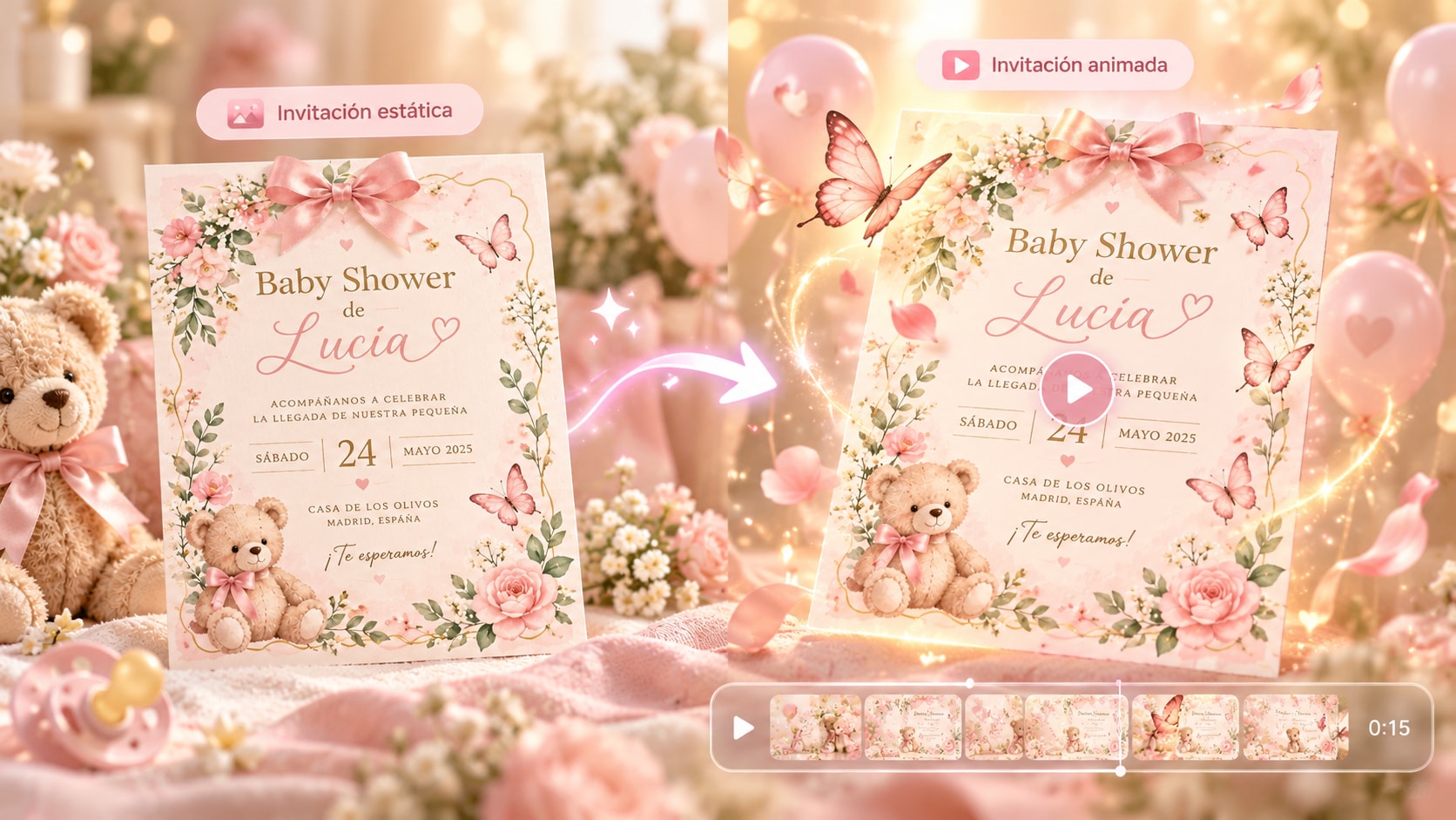 interfaz de Filmora adaptando una invitación de baby shower de niña a varios formatos