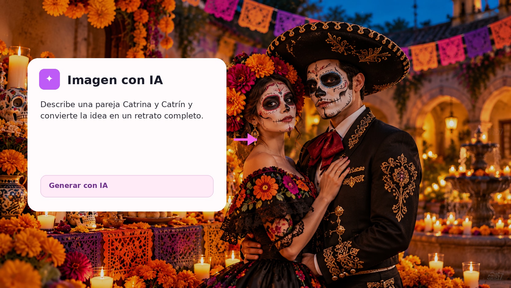 generación de retrato de Catrina y Catrín para pareja con IA