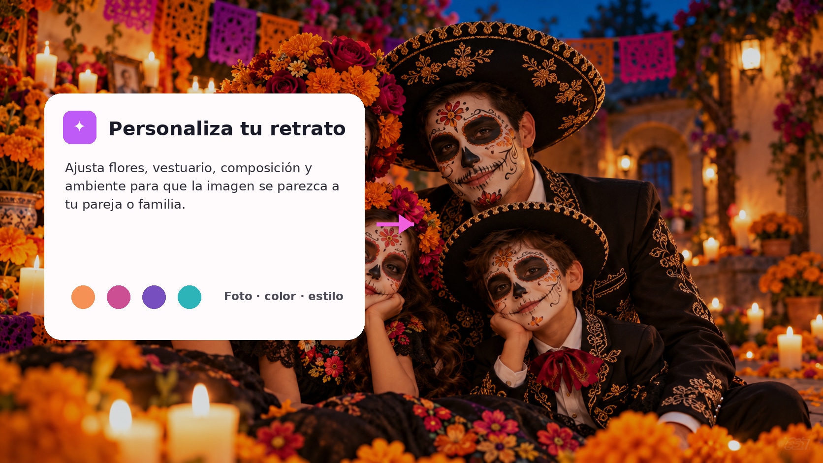 personalización de foto familiar con estilo Catrina y Catrín