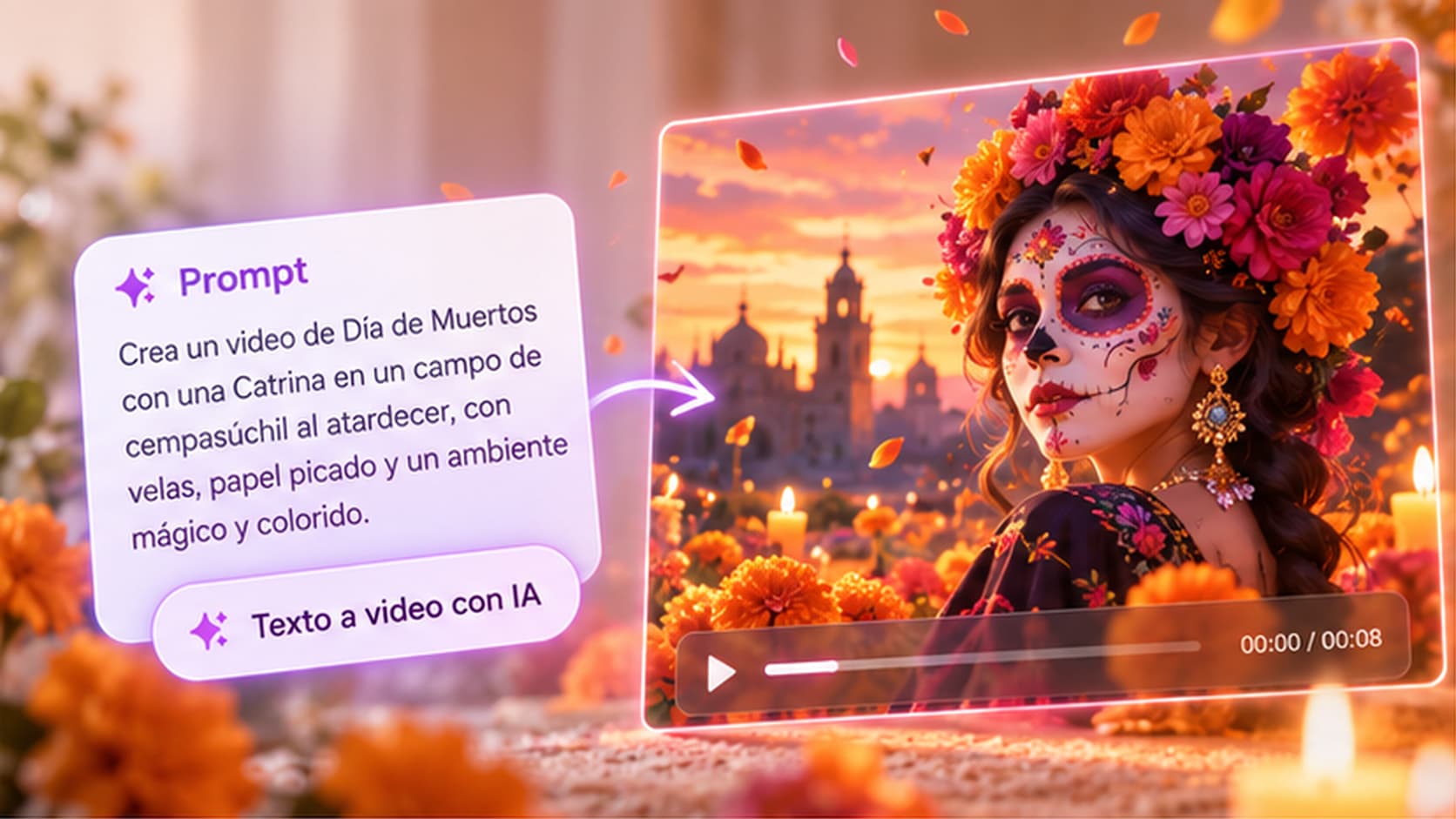 Generador de texto a video con IA para crear una escena de Día de Muertos