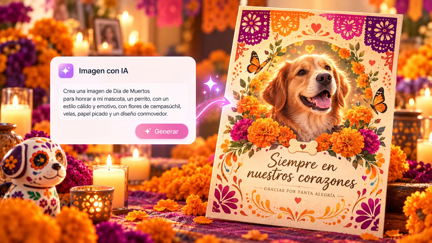 idea de un altar para perro convertida en imagen con IA y tarjeta de prompt