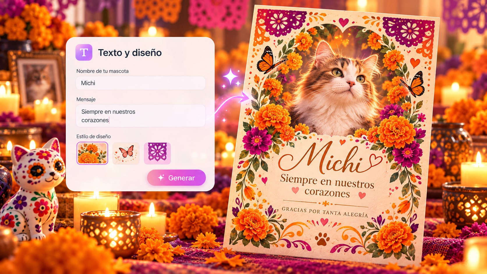 retrato de gato en ofrenda con herramientas ligeras de personalización y colores