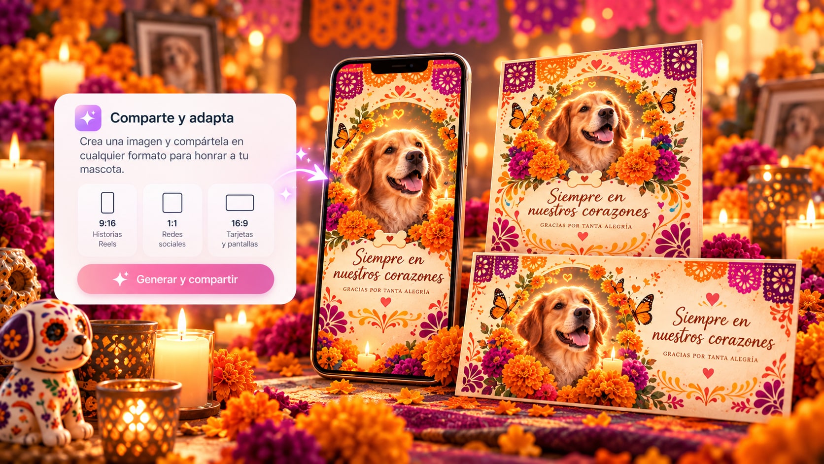 una ofrenda con retratos de mascota adaptada a formatos horizontal cuadrado y vertical