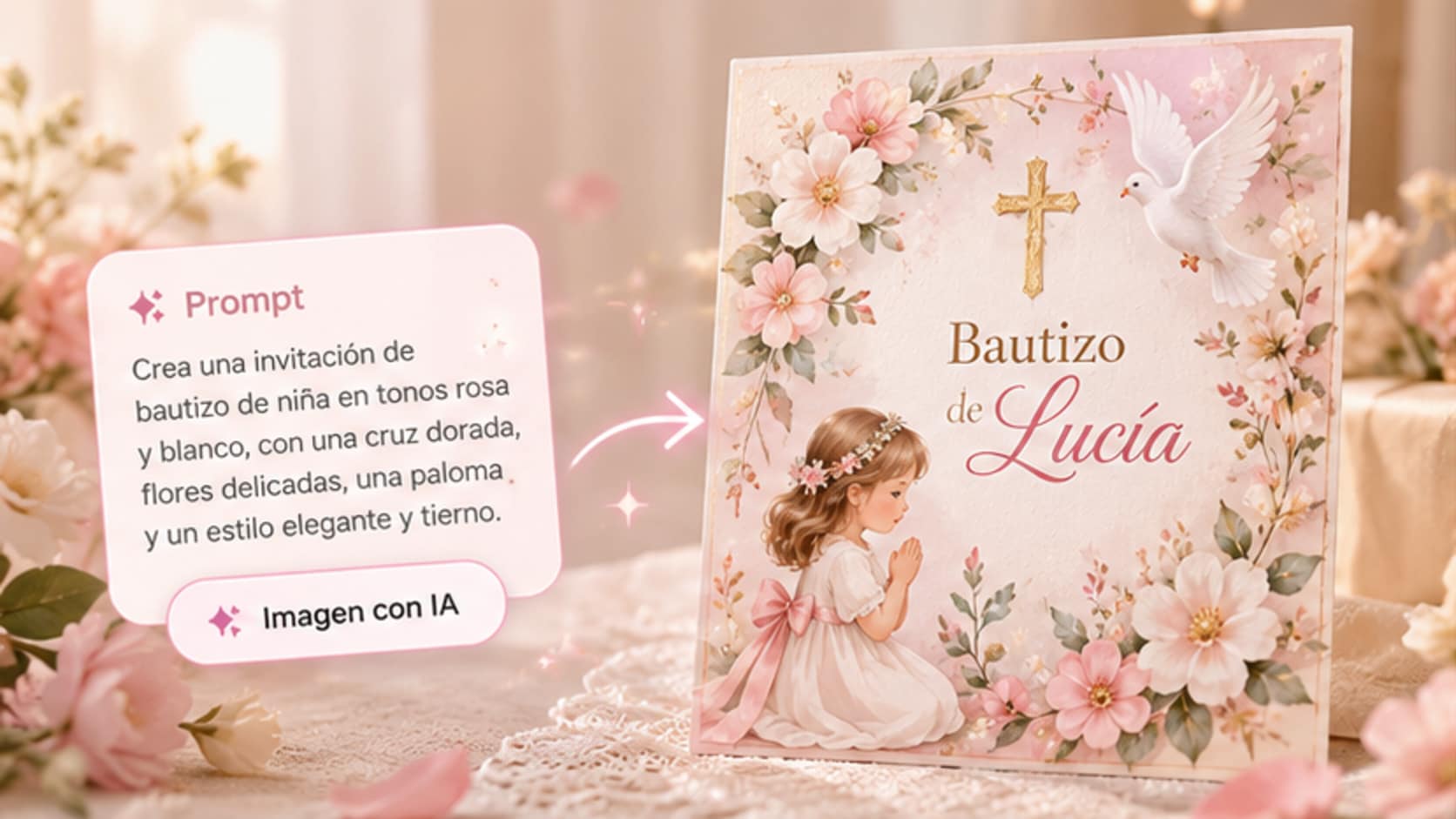 invitación para bautizo de niña creada a partir de un prompt con IA