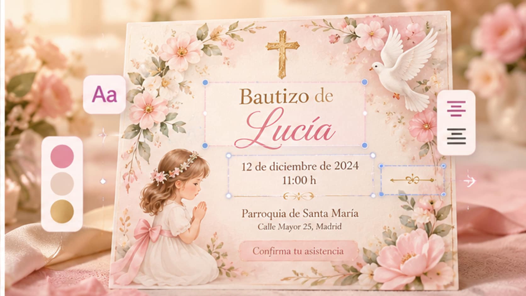 invitación de bautizo de niña con nombre fecha parroquia y colores personalizables