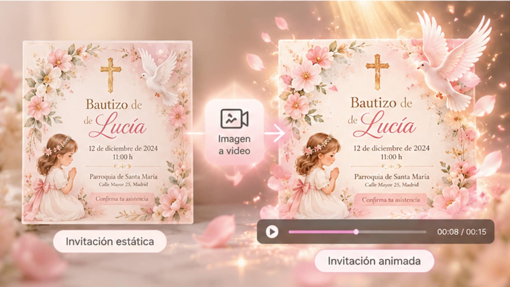comparación entre una invitación de bautizo estática y una versión animada