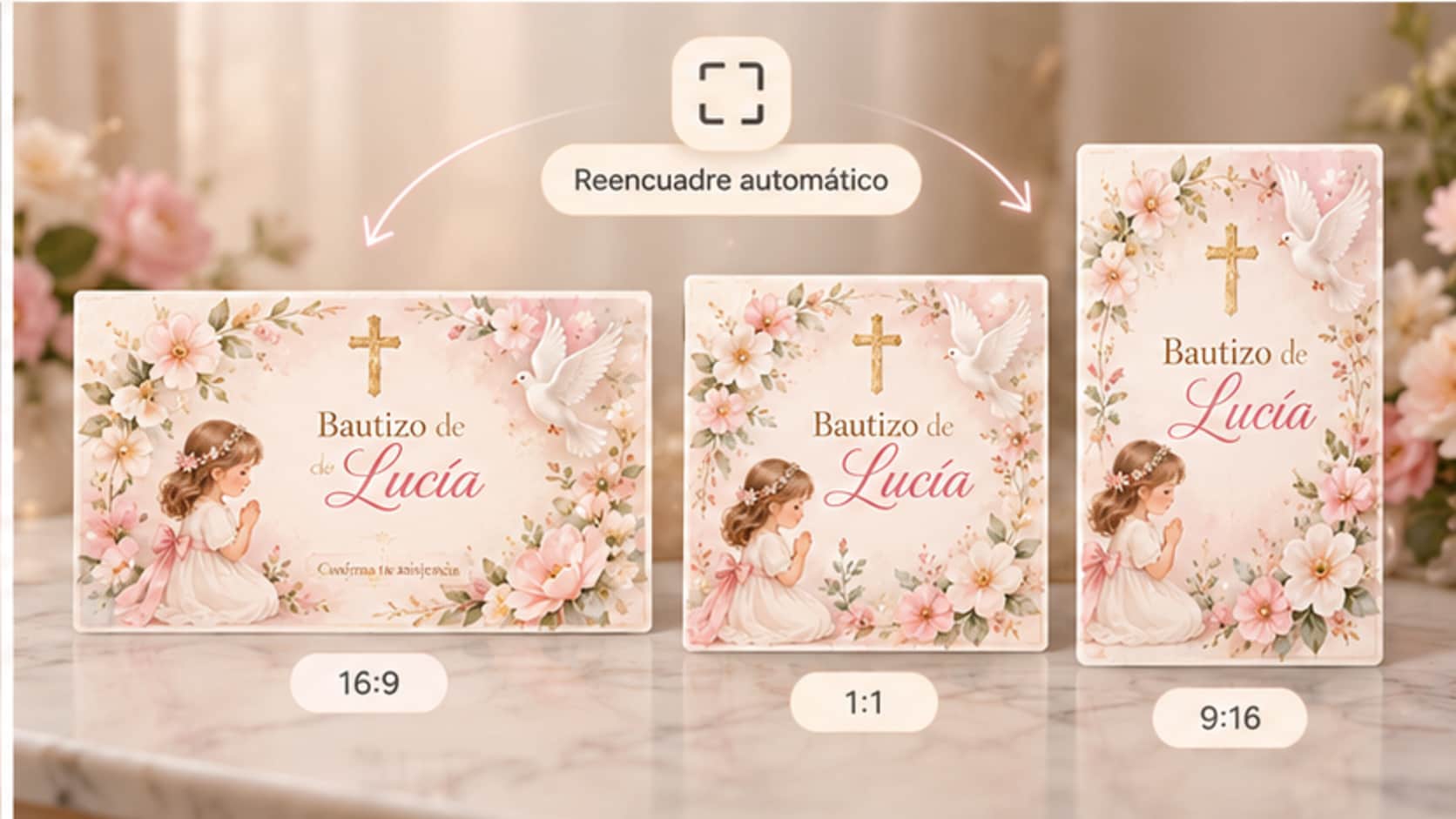invitación de bautizo de niña adaptada a formatos 16 9 1 1 y 9 16
