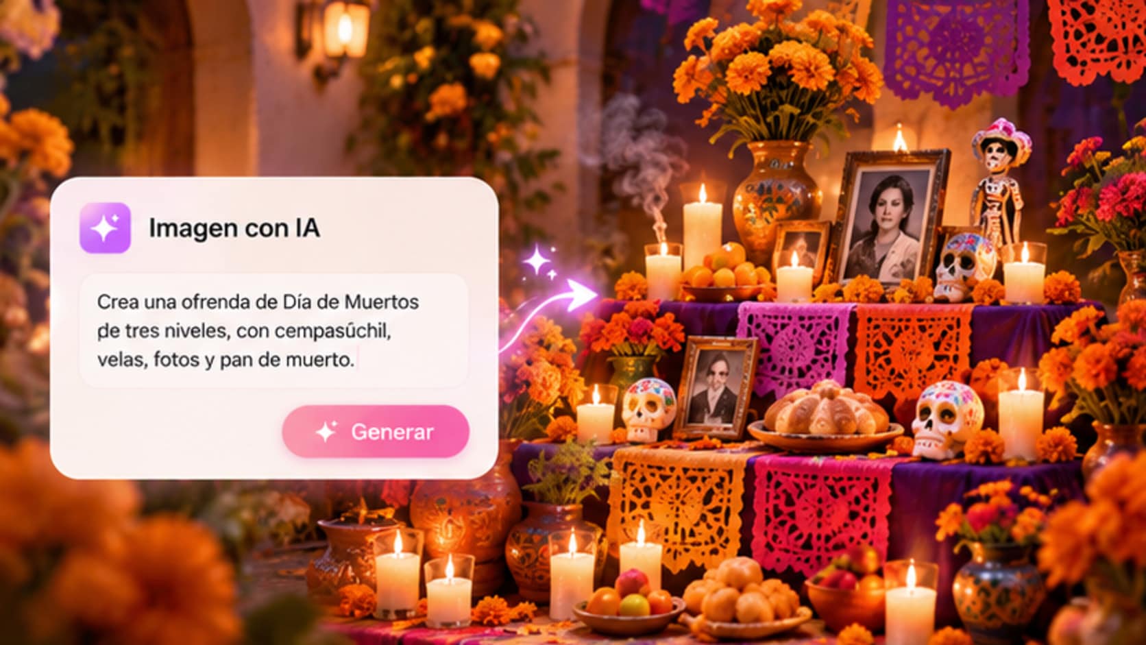 Prompt que genera una ofrenda de Día de Muertos de tres niveles con flores y velas