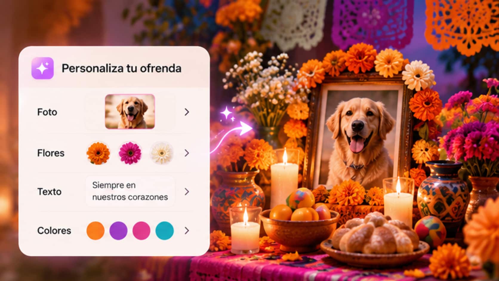 Ofrenda de Día de Muertos personalizada con una foto de recuerdo, flores y una dedicatoria