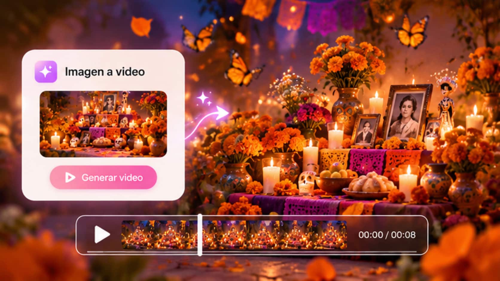 Ofrenda de Día de Muertos convertida en video con pétalos, mariposas y velas animadas