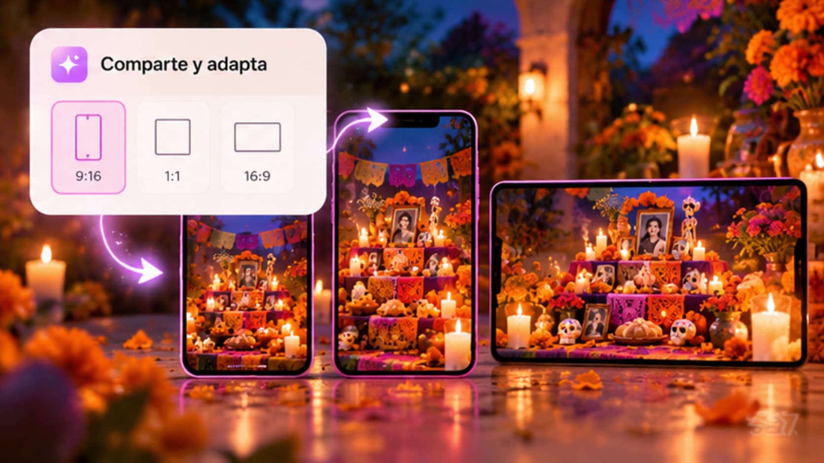 Una misma ofrenda de Día de Muertos adaptada a formatos vertical, cuadrado y horizontal