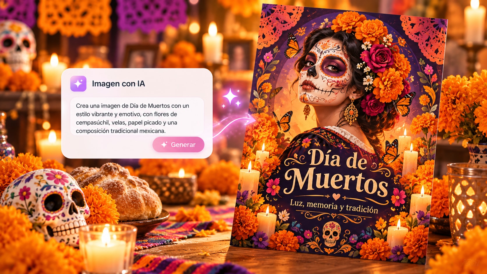 Prompt con IA que genera un cartel de Catrina con cempasúchil y velas