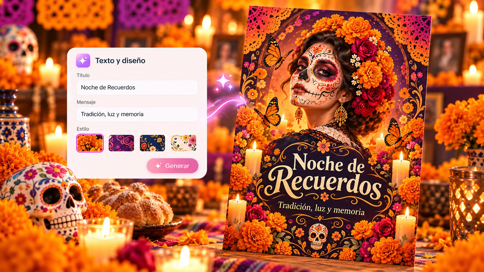 Diseño de Catrina con campos para editar el título y el mensaje de una postal