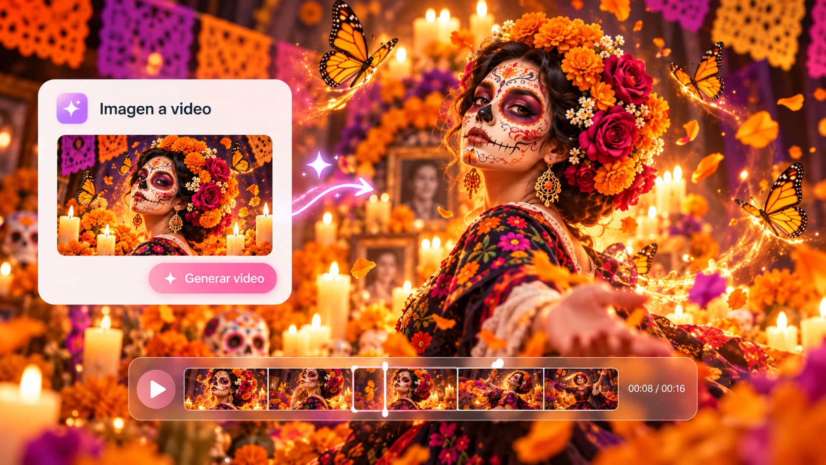 Retrato de Catrina transformado en video con mariposas y pétalos en movimiento