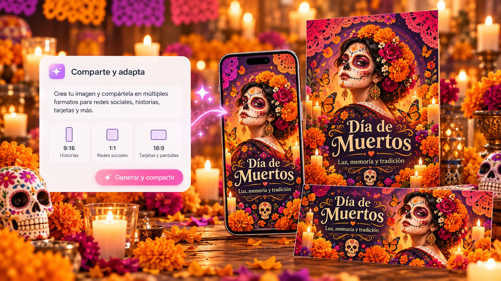Diseño de Catrina convertido en versiones para Stories, redes sociales y pantalla horizontal