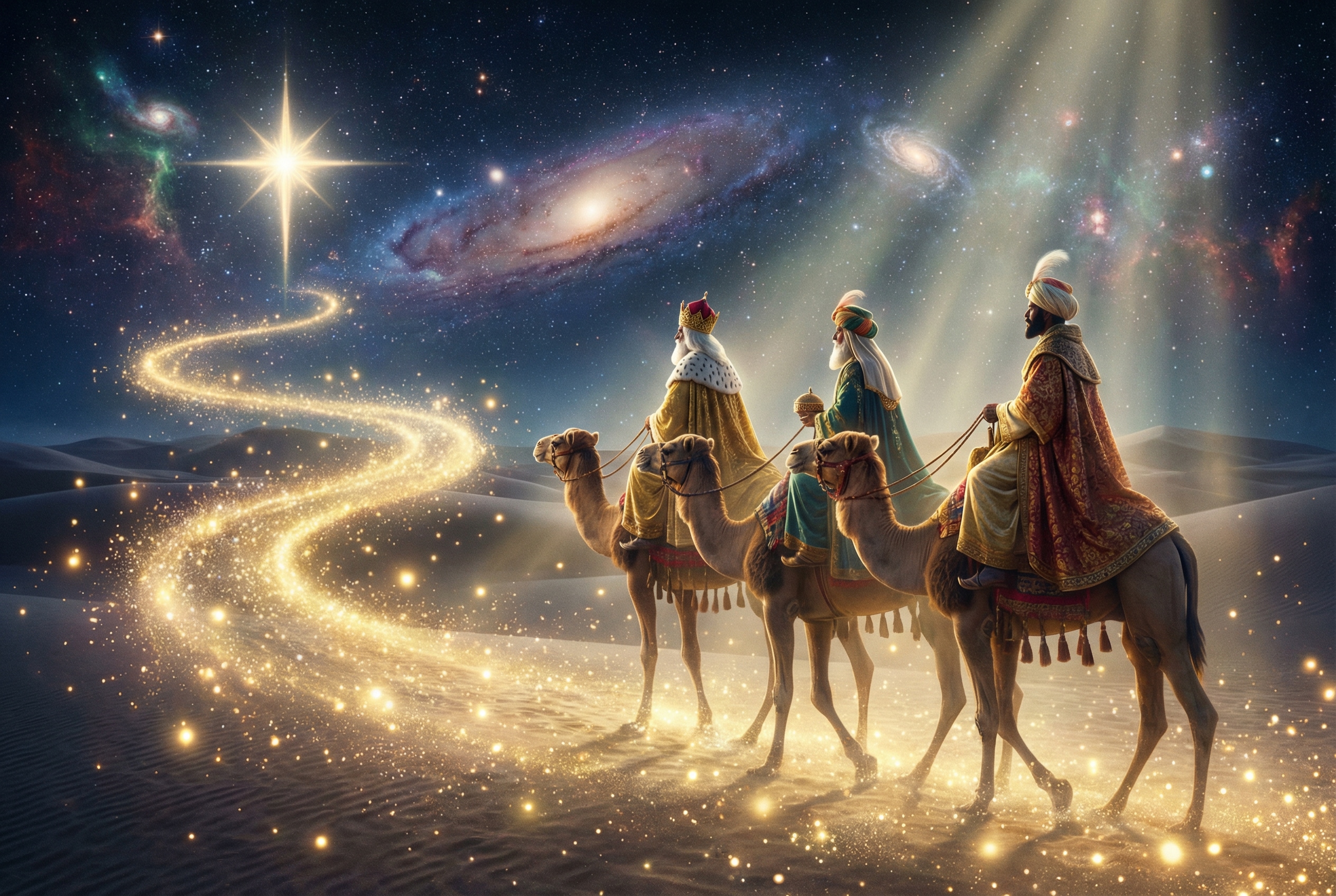 Día de Reyes en fantasía onírica reyes magos noche estrellada luz dorada IA