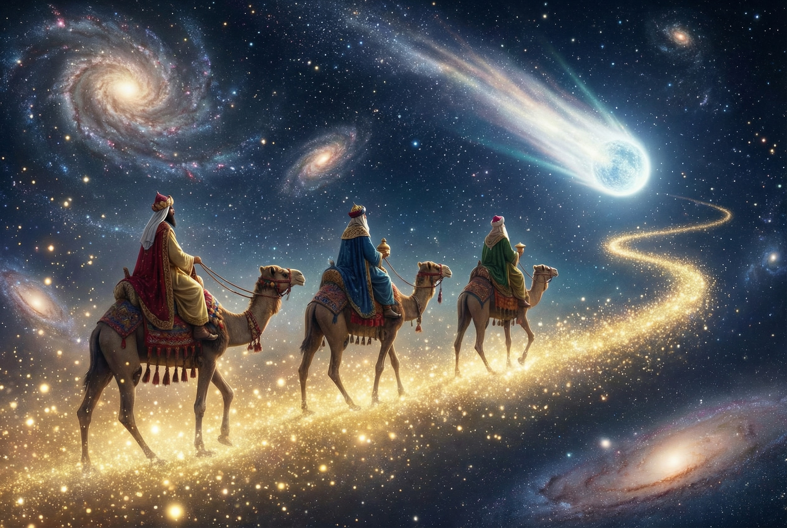 Día de Reyes en fantasía onírica video IA reyes magos noche estrellada camino de luz