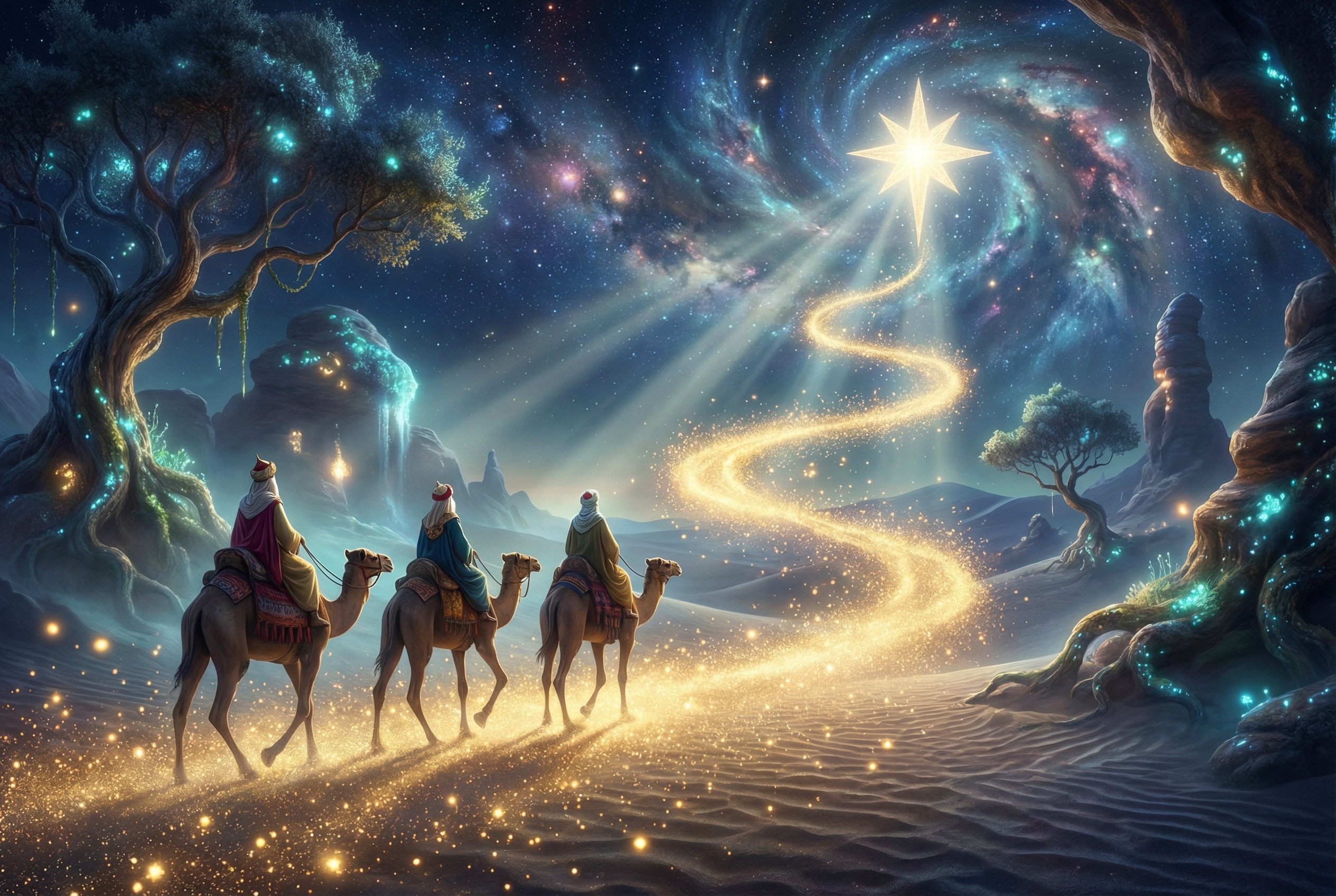 Día de Reyes IA fantasía onírica sin texto fondo natural luz volumétrica