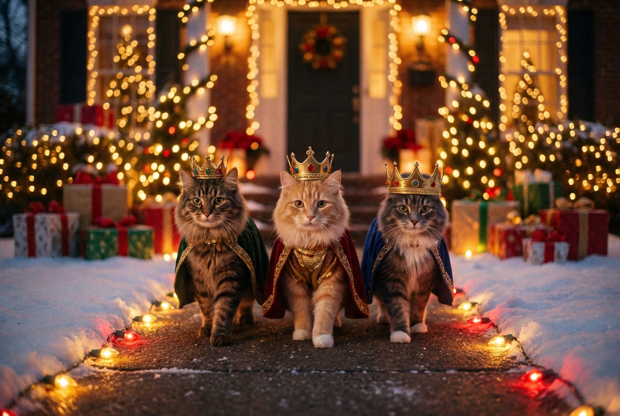 Gatos y perros transformados en Reyes Magos estilo realista cinematográfico