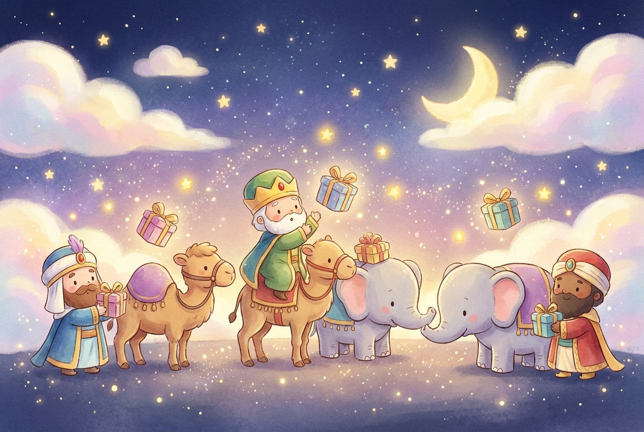 prompt Día de Reyes Reyes Magos chibi mascotas adorables