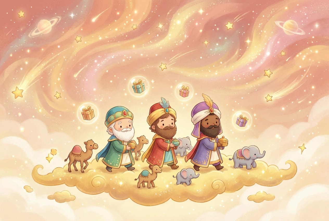 videos Día de Reyes Reyes Magos chibi mascotas adorables fondo onírico