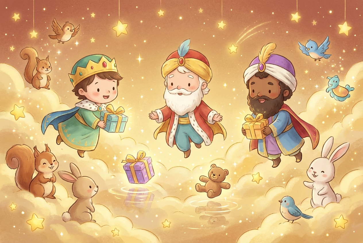 bocadillos Reyes Magos en estilo chibi, cómic infantil Día de Reyes