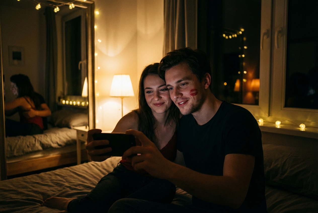Video de pareja selfie con huellas de labios