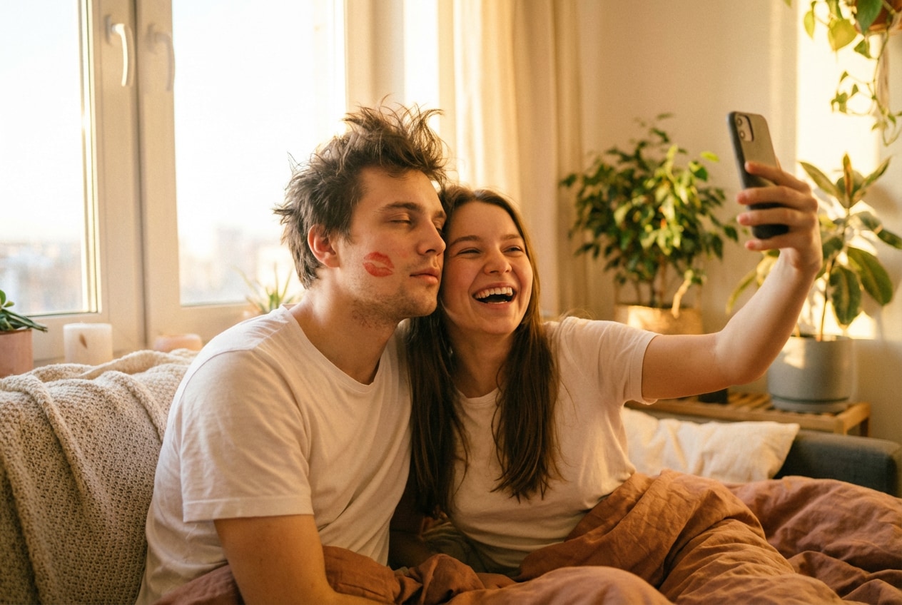 Prompt de pareja selfie en espejo, risas, labios rojos IA
