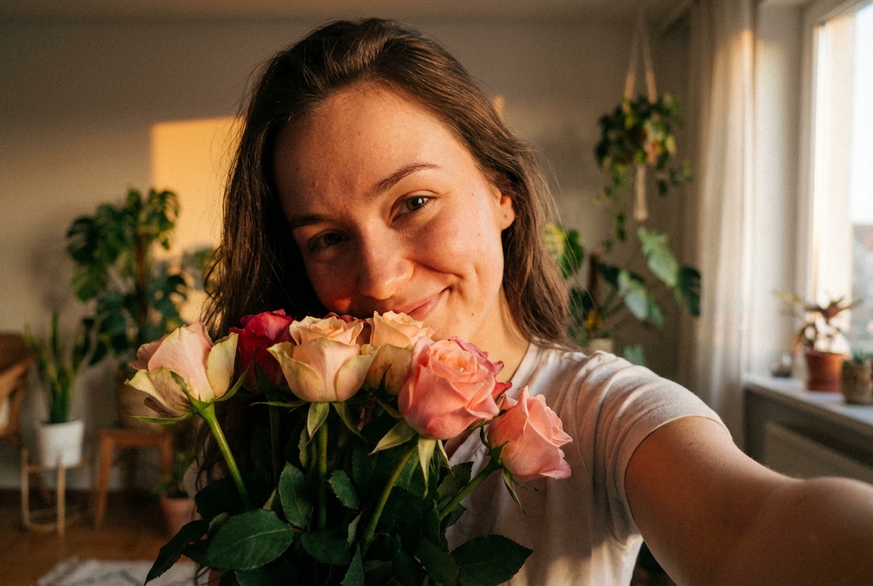vídeo selfie celebración romántica con rosas