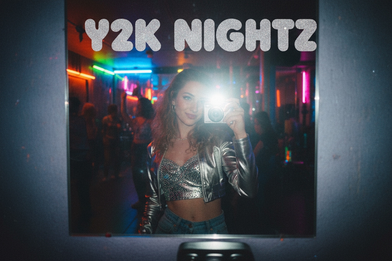 mirror selfie con flash directo estilo Y2K generado con IA en Filmora