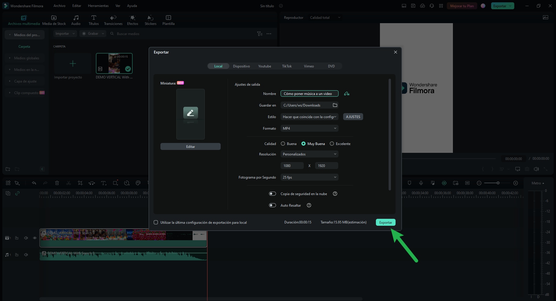 poner música a un vídeo con Filmora - exportar