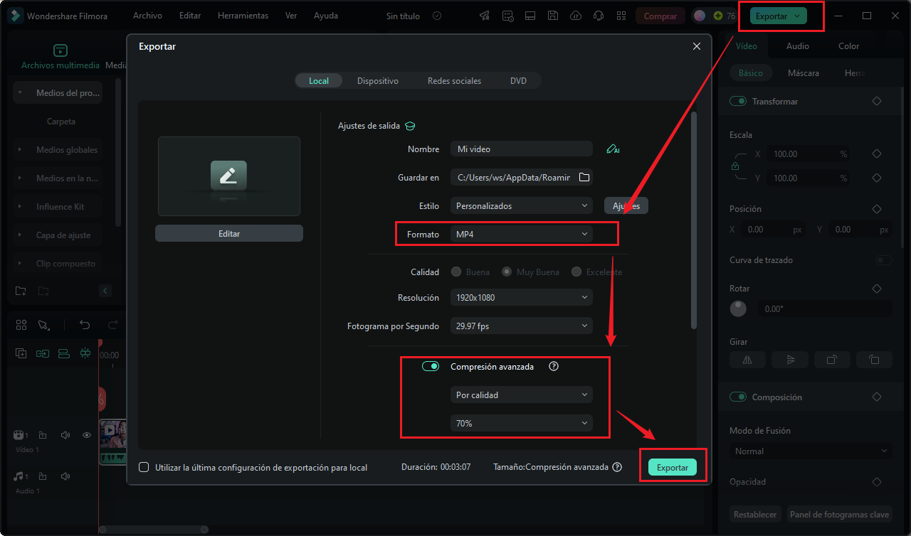 Exportar video en mp4 con Filmora14