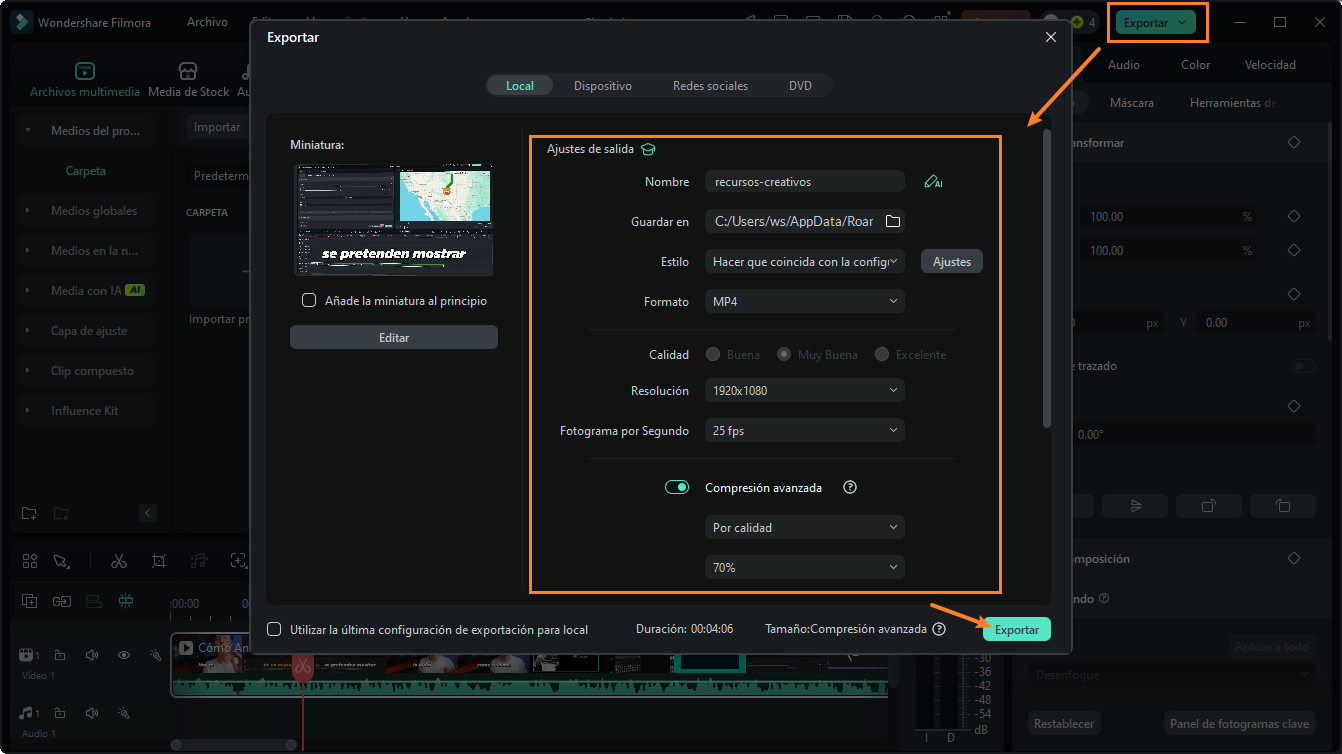 Edita y exporta el video grabado con Filmora