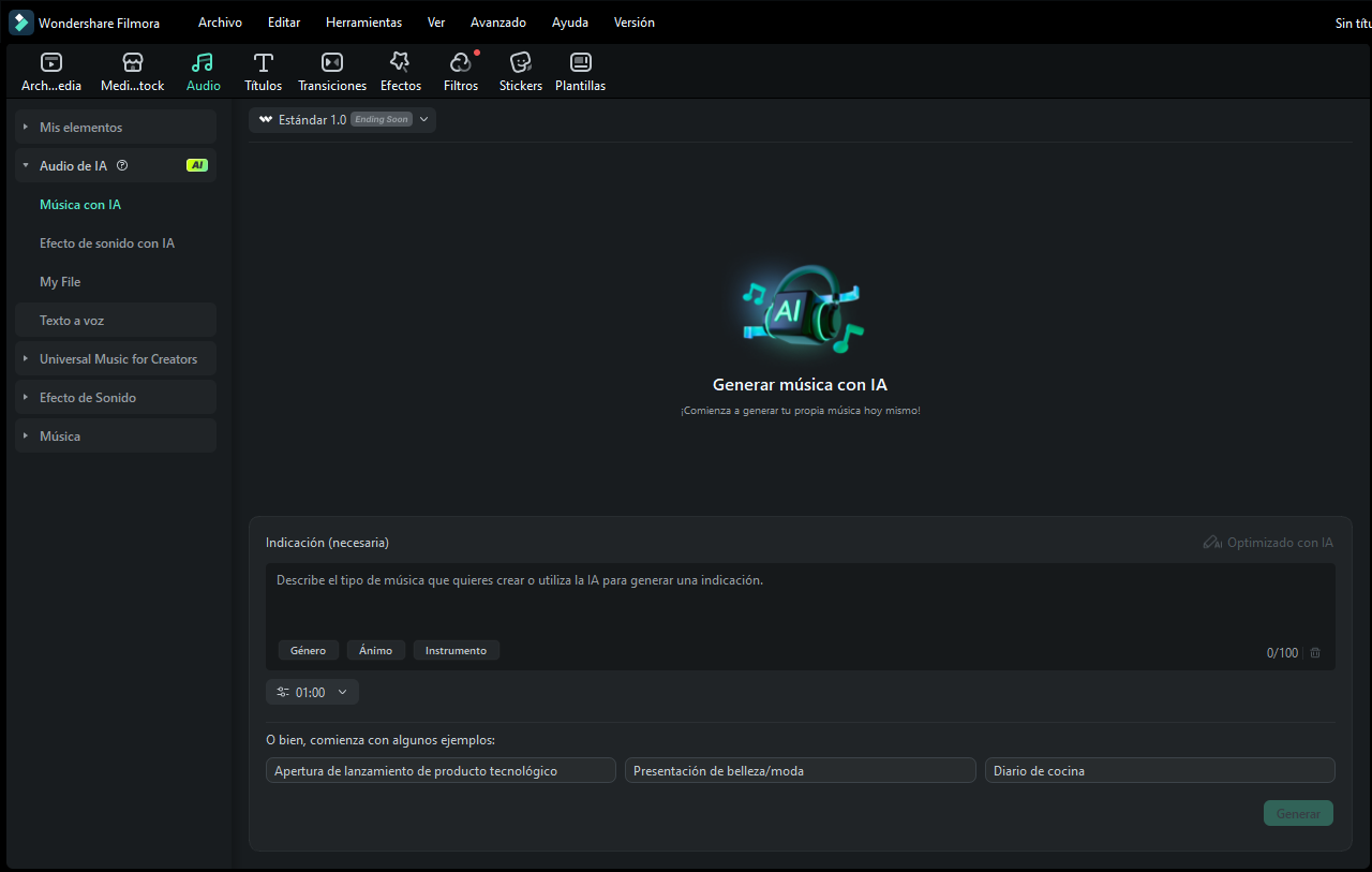 Abre el Generador de efectos de sonido con IA y define el sonido