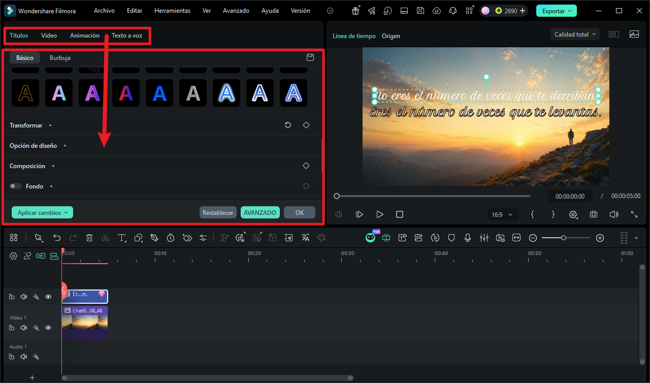 Personalizar la fuente y la animación del texto en Filmora